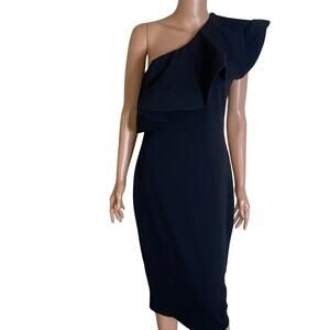 LuLu's dress one shoulder ruffle bodycon knee length black LBD side zip up SZ LG